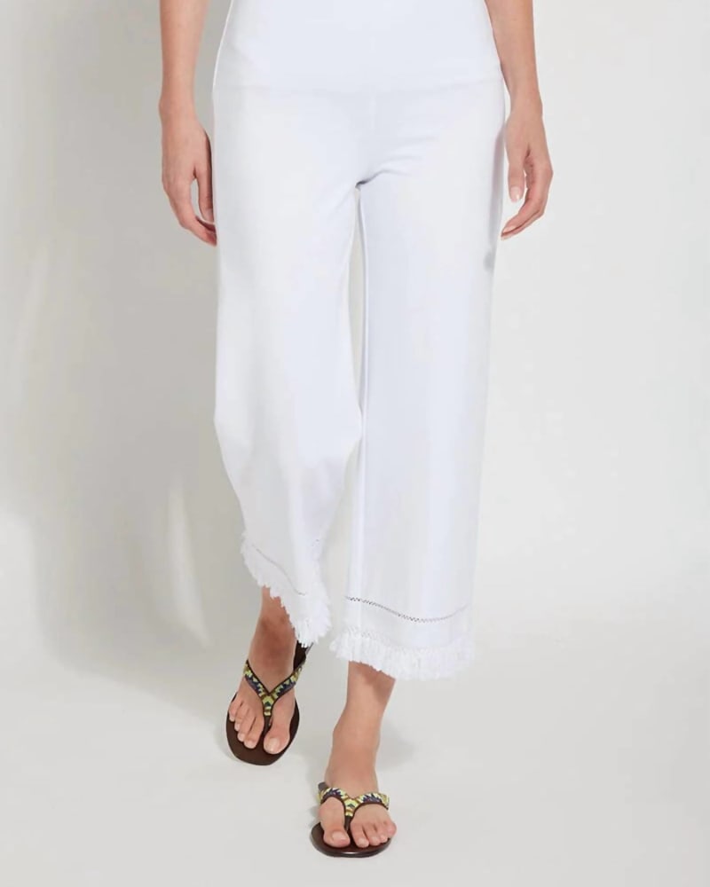Front of a model wearing a size L Coastal Wide Leg Fringe Pants In White in White by Lysse. | dia_product_style_image_id:351580